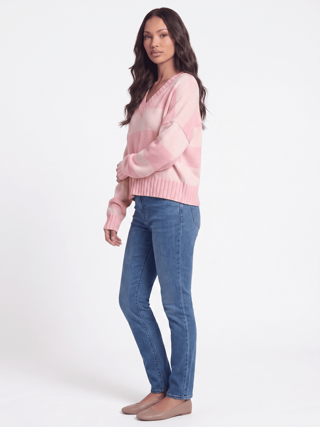 WOMEN'S LONG SLEEVE V-NECK COLORBLOCK STRIPES SWEATER
