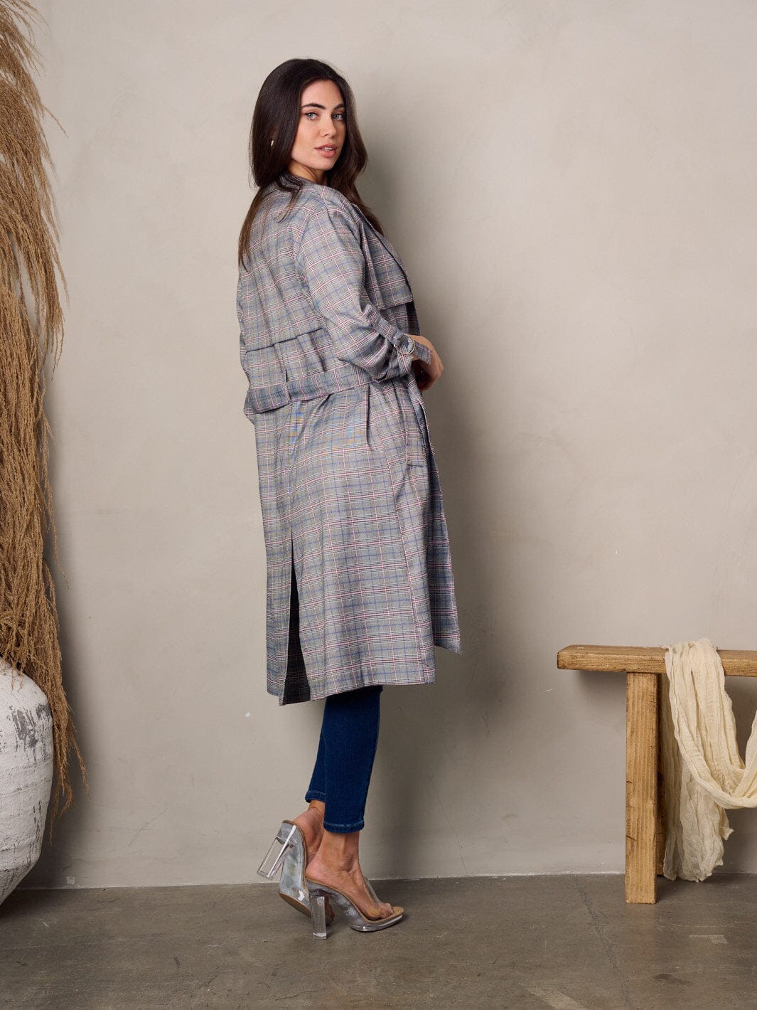 WOMEN'S LONG SLEEVE BUTTON CLOSURE POCKETS PLAID COAT