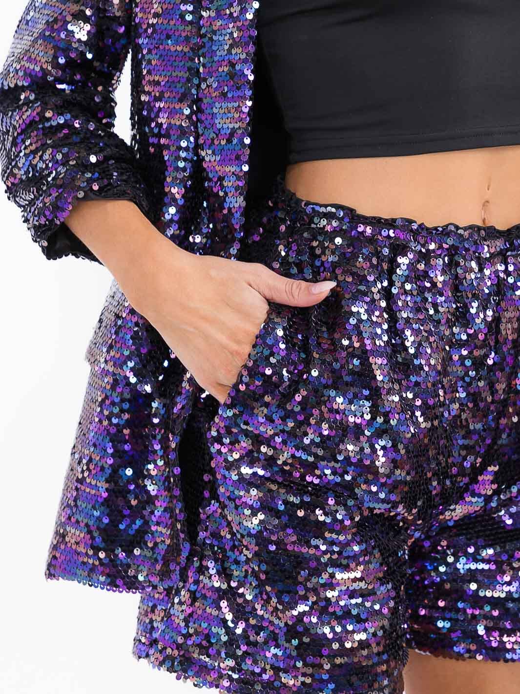 WOMEN'S ELASTIC WAIST FRONT POCKETS SEQUINS MINI SHORTS