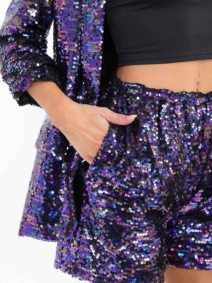 WOMEN'S ELASTIC WAIST FRONT POCKETS SEQUINS MINI SHORTS