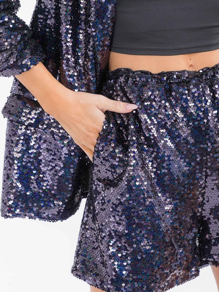WOMEN'S ELASTIC WAIST FRONT POCKETS SEQUINS MINI SHORTS