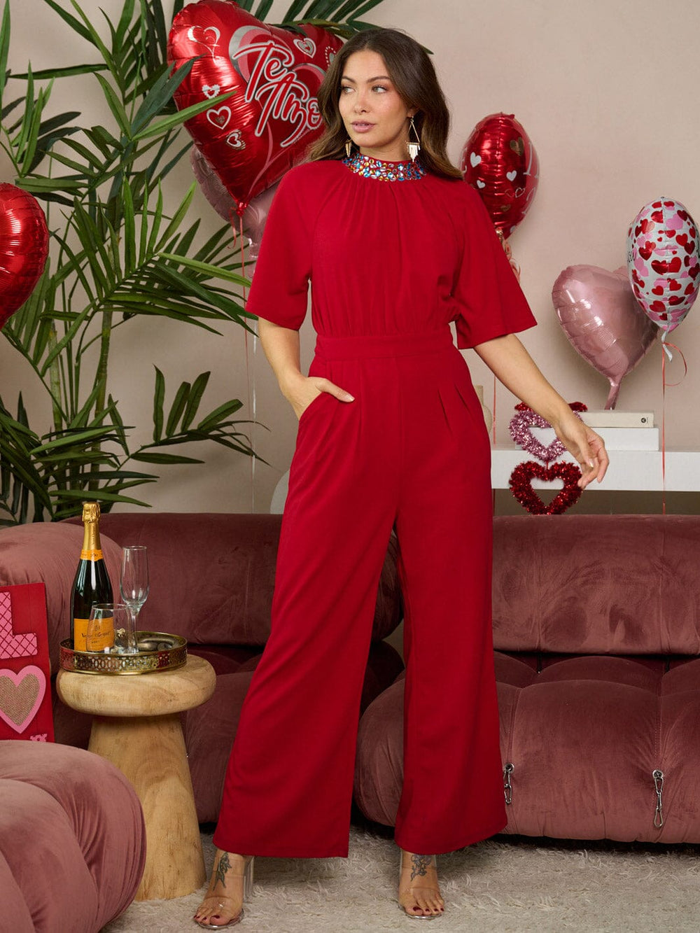 WOMEN'S SHORT SLEEVE POCKETS STUDS DETAILED NECK JUMPSUIT