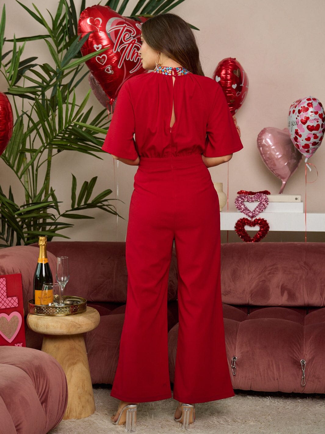 WOMEN'S SHORT SLEEVE POCKETS STUDS DETAILED NECK JUMPSUIT