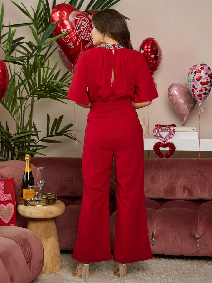 WOMEN'S SHORT SLEEVE POCKETS STUDS DETAILED NECK JUMPSUIT