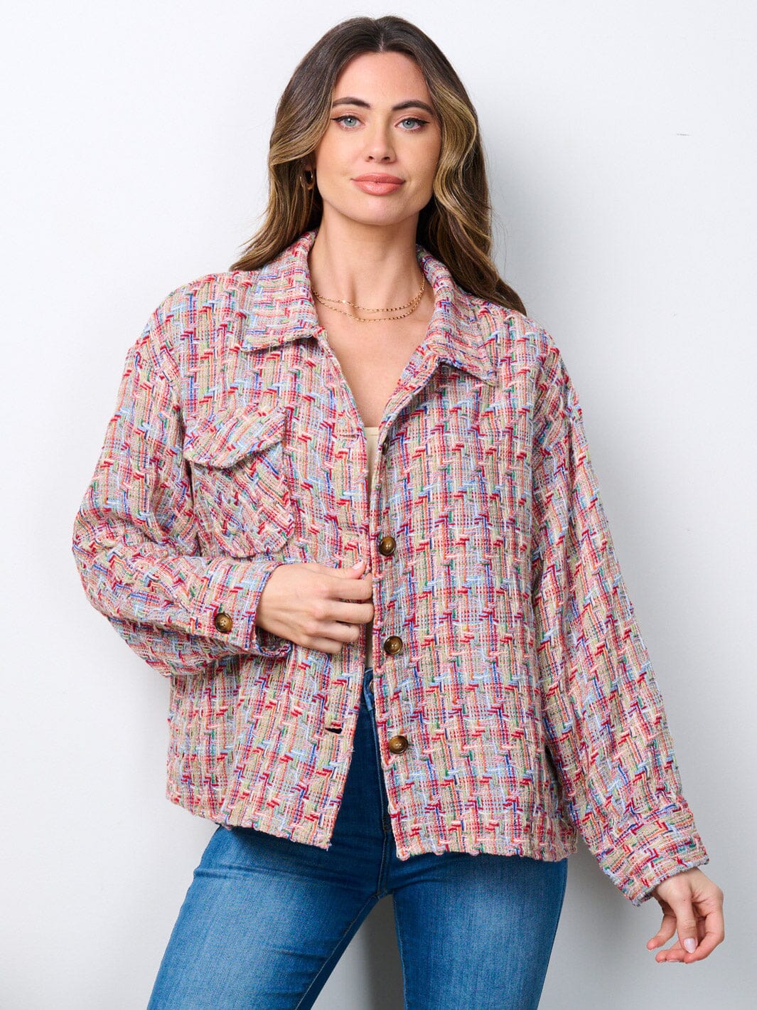 WOMEN'S LONG SLEEVE BUTTON CLOSURE MULTI TWEED JACKET