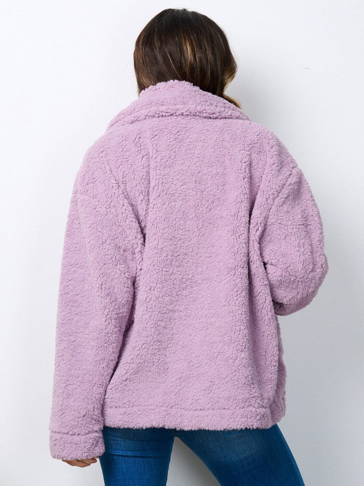 WOMEN'S LONG SLEEVE BUTTON CLOSURE POCKETS SHERPA JACKET