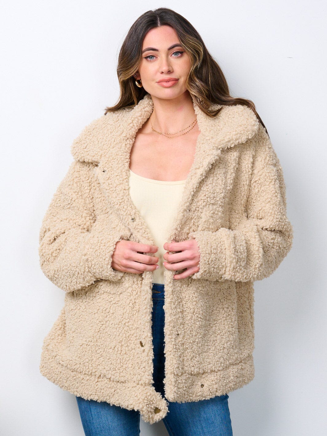 WOMEN'S LONG SLEEVE BUTTON CLOSURE SHERPA JACKET