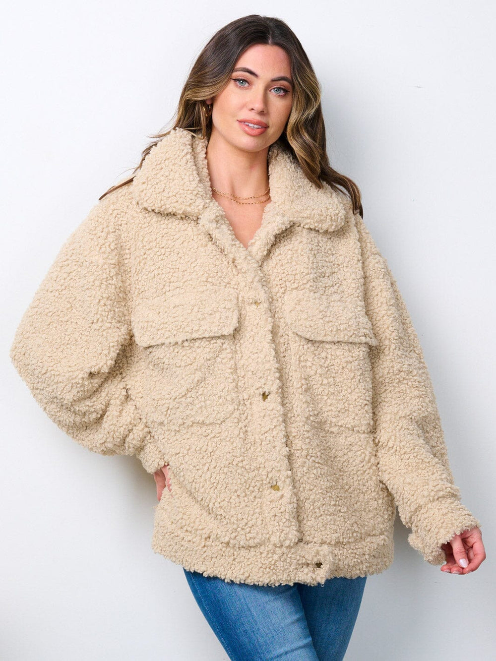 WOMEN'S LONG SLEEVE BUTTON CLOSURE SHERPA JACKET