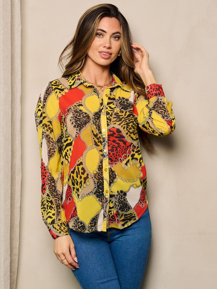WOMEN'S LONG SLEEVE BUTTON UP MULTI PRINT BLOUSE TOP