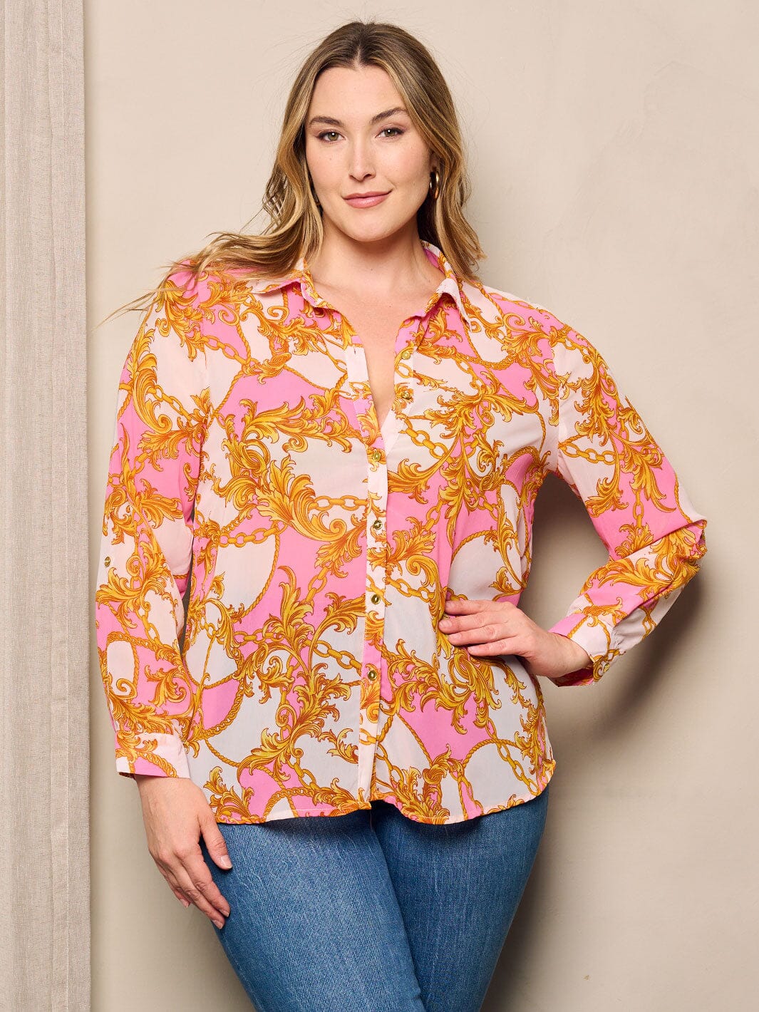 PLUS SIZE LONG SLEEVE V-NECK MULTI PRINT BUTTON UP BLOUSE TOP