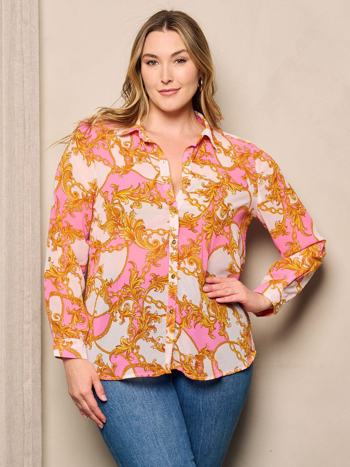 PLUS SIZE LONG SLEEVE V-NECK MULTI PRINT BUTTON UP BLOUSE TOP