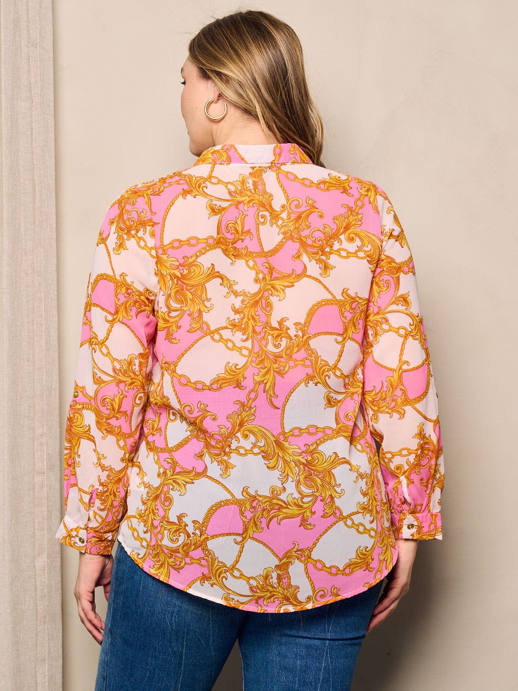 PLUS SIZE LONG SLEEVE V-NECK MULTI PRINT BUTTON UP BLOUSE TOP