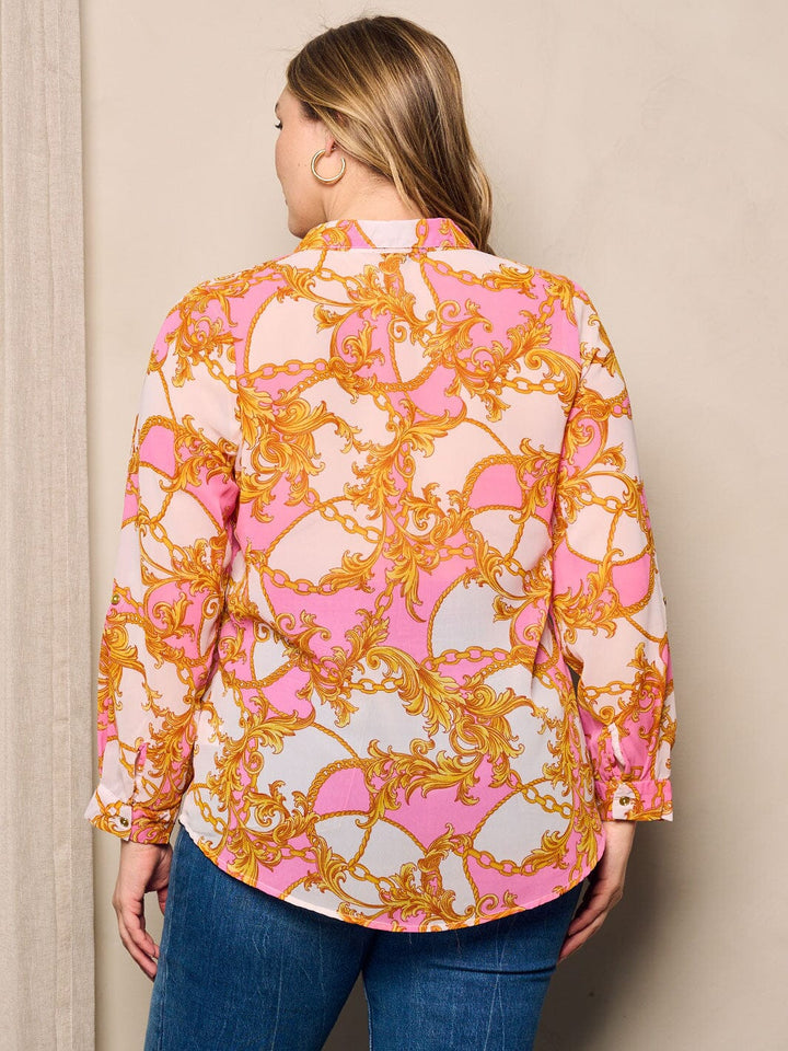 PLUS SIZE LONG SLEEVE V-NECK MULTI PRINT BUTTON UP BLOUSE TOP