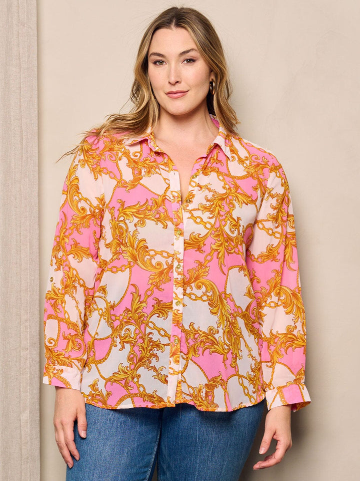 PLUS SIZE LONG SLEEVE V-NECK MULTI PRINT BUTTON UP BLOUSE TOP