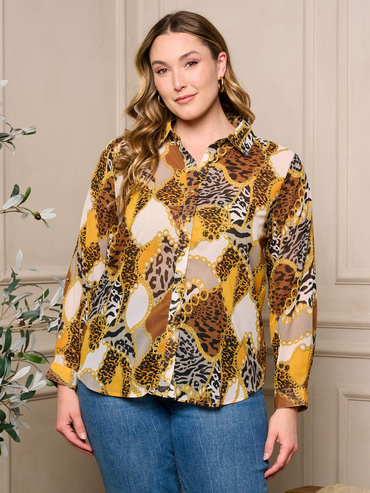 PLUS SIZE LONG SLEEVE BUTTON UP MULTI PRINT BLOUSE TOP