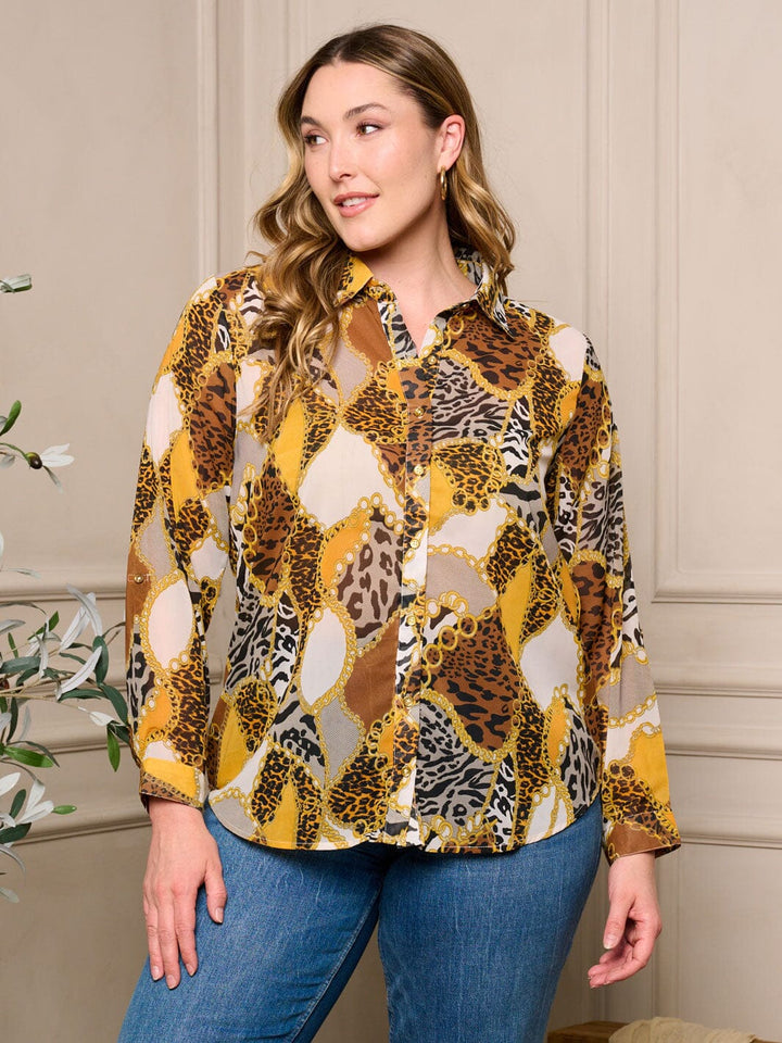 PLUS SIZE LONG SLEEVE BUTTON UP MULTI PRINT BLOUSE TOP