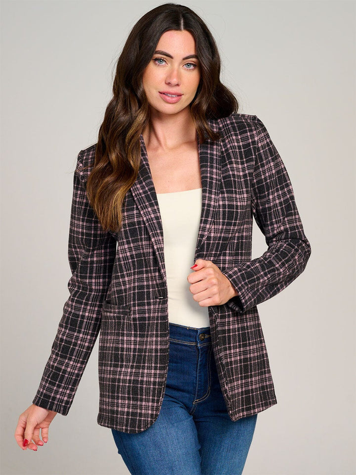 WOMEN'S LONG SLEEVE BUTTON CLOSURE POCKETS PLAID BLAZER