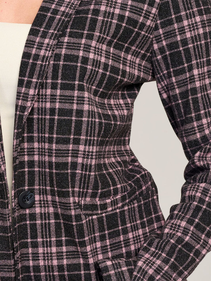 WOMEN'S LONG SLEEVE BUTTON CLOSURE POCKETS PLAID BLAZER