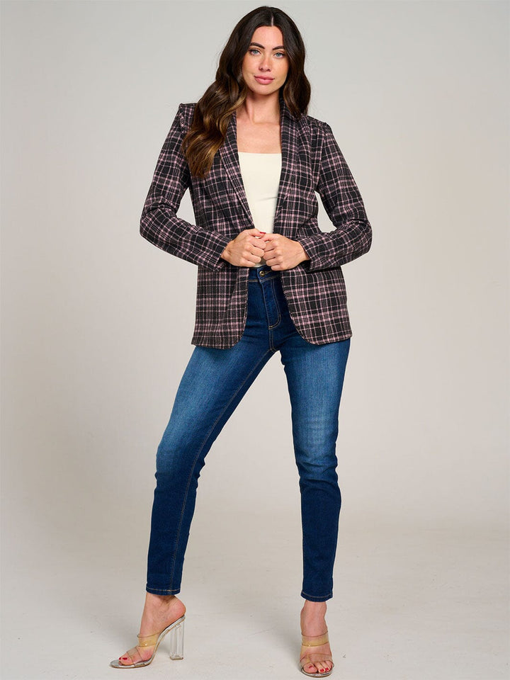 WOMEN'S LONG SLEEVE BUTTON CLOSURE POCKETS PLAID BLAZER