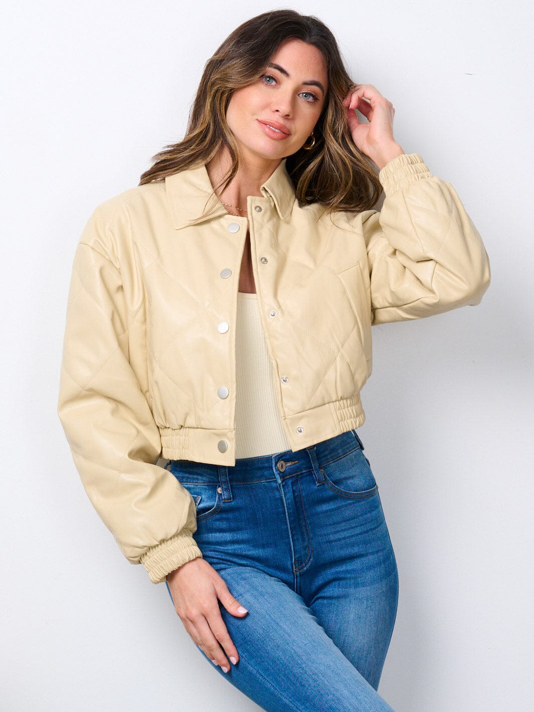 WOMEN'S LONG SLEEVE BUTTON CLOSURE POCKETS PU PLEATHER JACKET