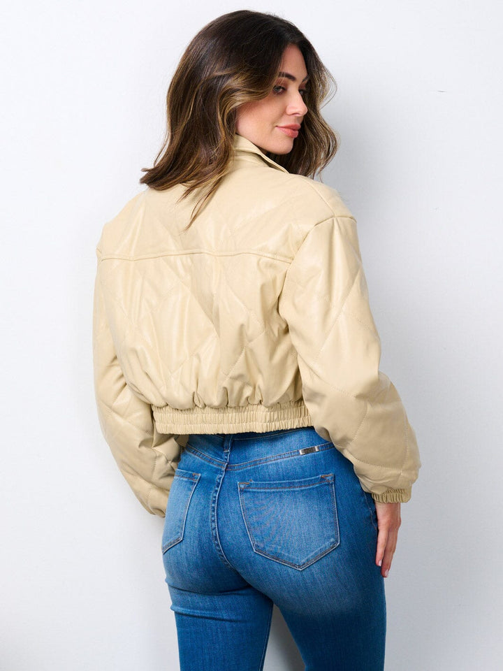 WOMEN'S LONG SLEEVE BUTTON CLOSURE POCKETS PU PLEATHER JACKET