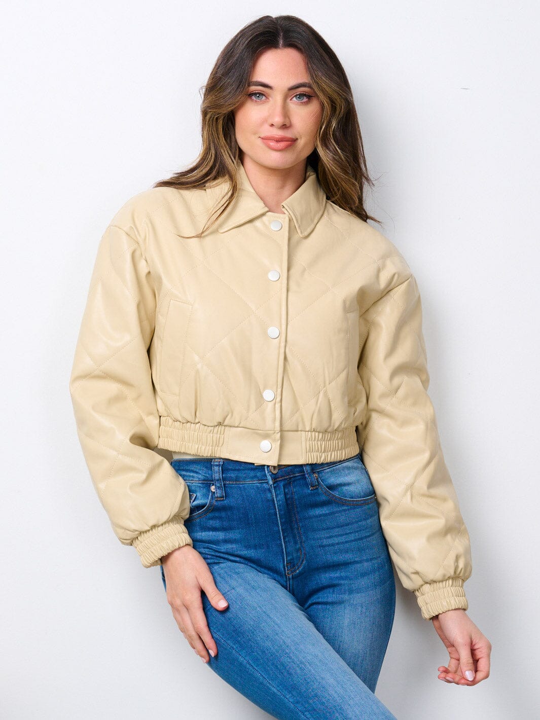 WOMEN'S LONG SLEEVE BUTTON CLOSURE POCKETS PU PLEATHER JACKET