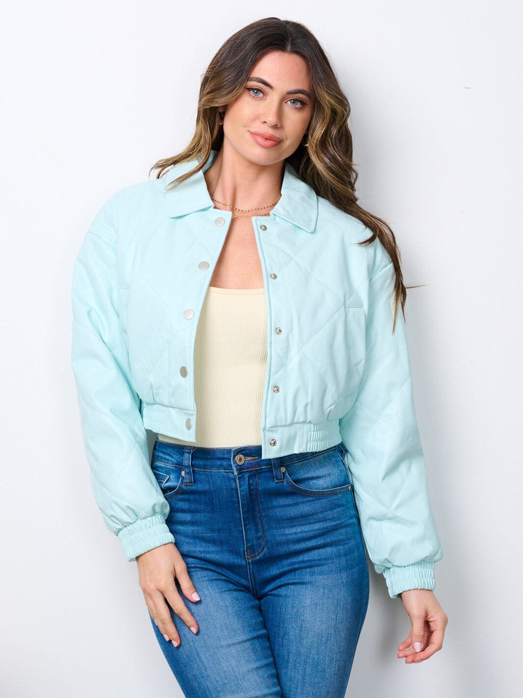 WOMEN'S LONG SLEEVE BUTTON CLOSURE POCKETS PU PLEATHER JACKET