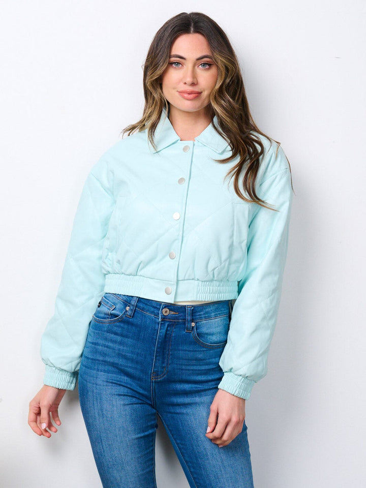 WOMEN'S LONG SLEEVE BUTTON CLOSURE POCKETS PU PLEATHER JACKET