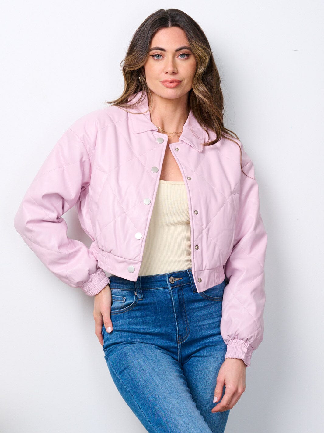 WOMEN'S LONG SLEEVE BUTTON CLOSURE POCKETS PU PLEATHER JACKET