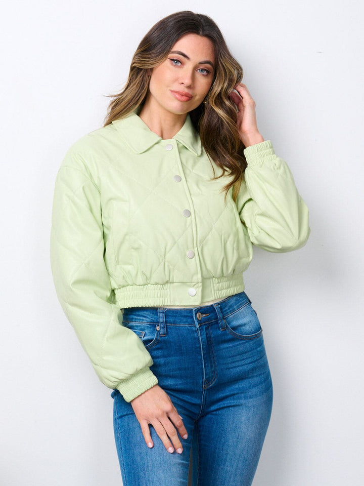 WOMEN'S LONG SLEEVE BUTTON CLOSURE POCKETS PU PLEATHER JACKET