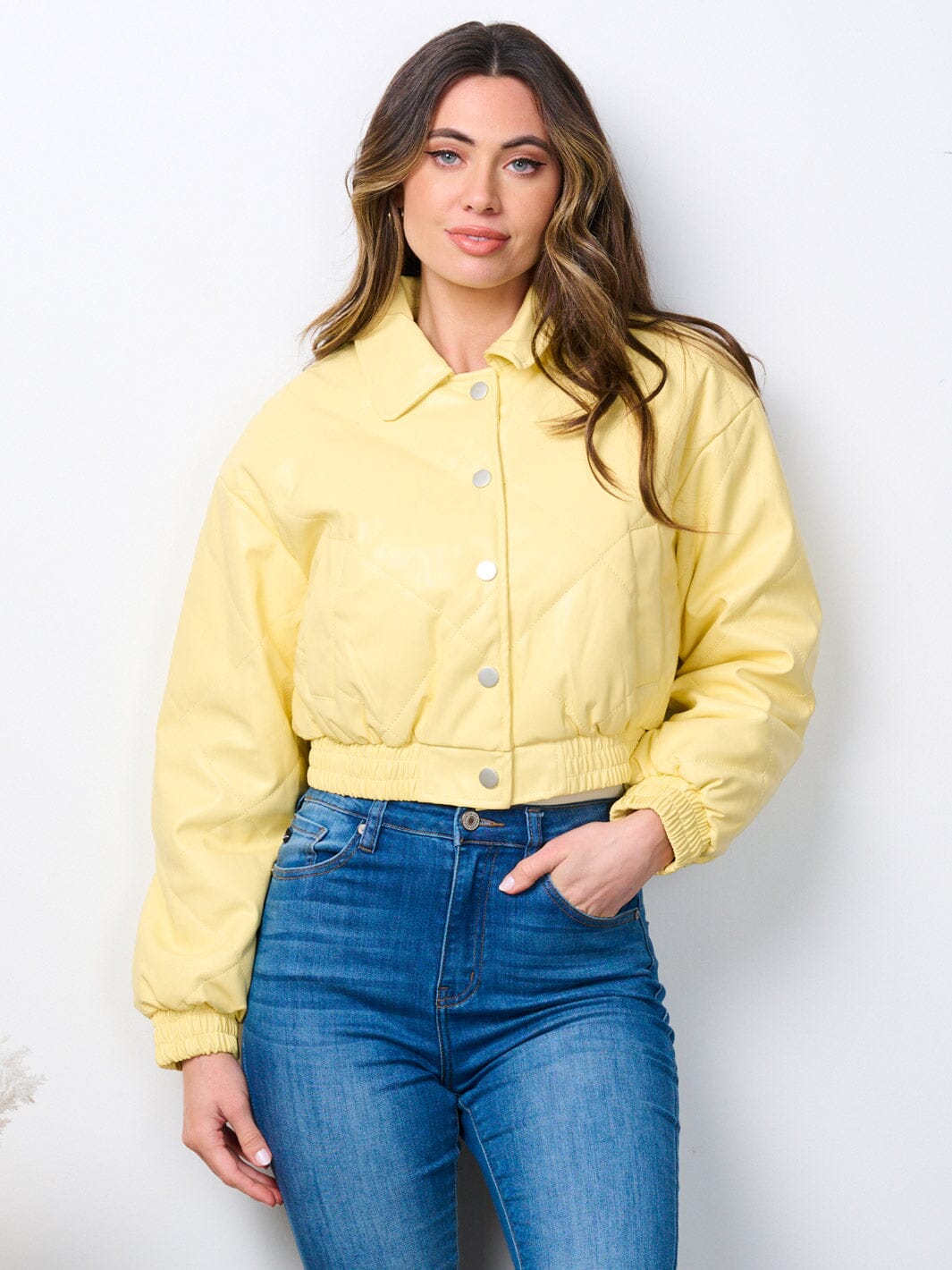 WOMEN'S LONG SLEEVE BUTTON CLOSURE POCKETS PU PLEATHER JACKET