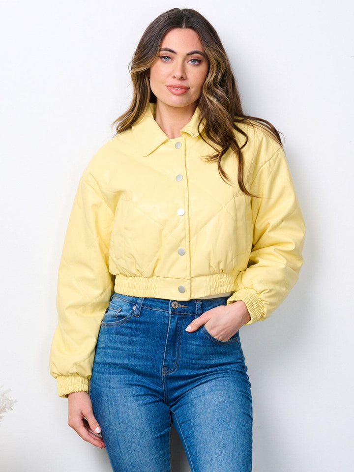 WOMEN'S LONG SLEEVE BUTTON CLOSURE POCKETS PU PLEATHER JACKET