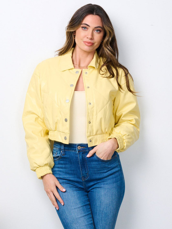 WOMEN'S LONG SLEEVE BUTTON CLOSURE POCKETS PU PLEATHER JACKET