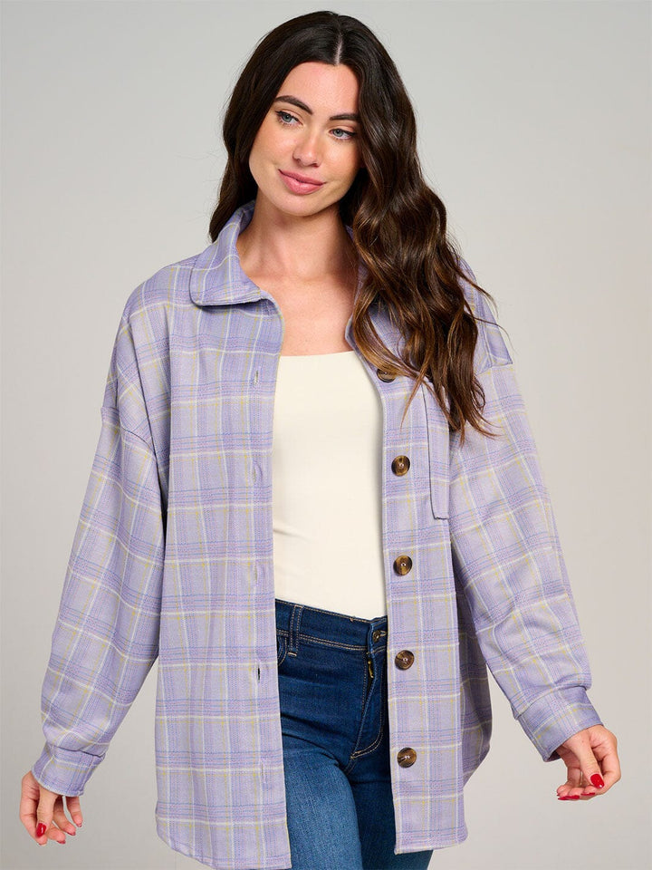 WOMEN'S LONG SLEEVE BUTTON CLOSURE FRONT POCKETS PLAID SHACKET