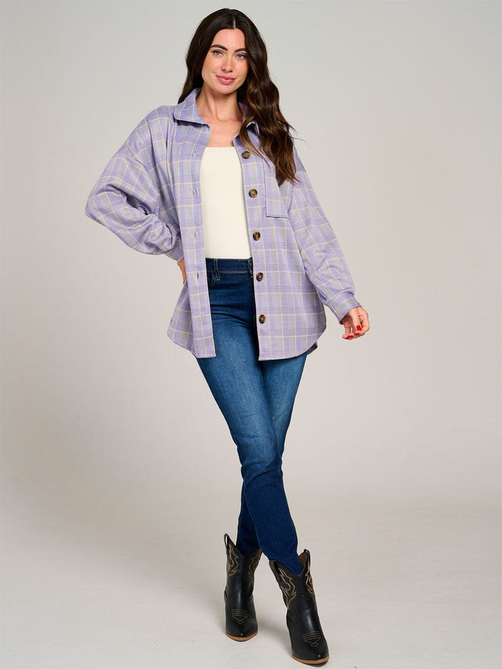 WOMEN'S LONG SLEEVE BUTTON CLOSURE FRONT POCKETS PLAID SHACKET