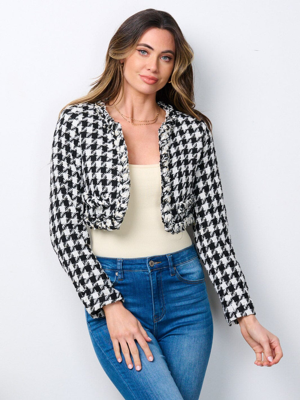 WOMEN'S LONG SLEEVE OPEN FRONT TWEED CROP JACKET