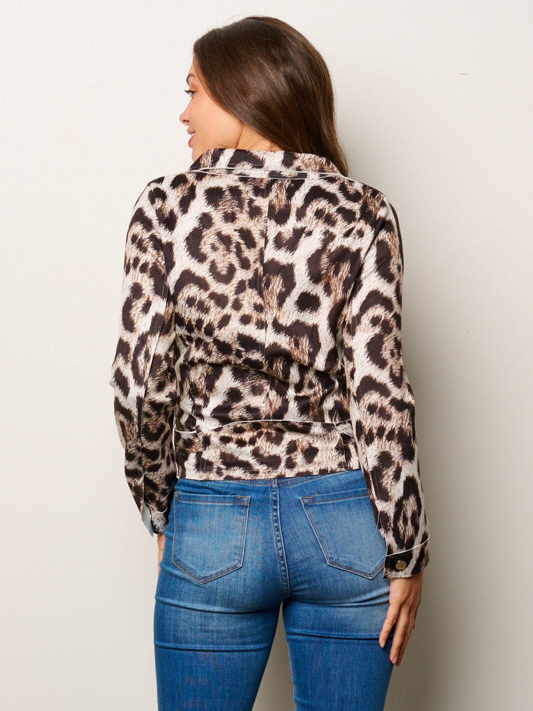 WOMEN'S LONG SLEEVE ZIP UP POCKETS ANIMAL PRINT JACKET