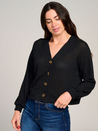 WOMEN'S LONG SLEEVE V-NECK BUTTON CLOSURE KNIT TOP