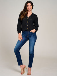 WOMEN'S LONG SLEEVE V-NECK BUTTON CLOSURE KNIT TOP