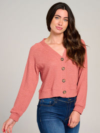WOMEN'S LONG SLEEVE V-NECK BUTTON CLOSURE KNIT TOP