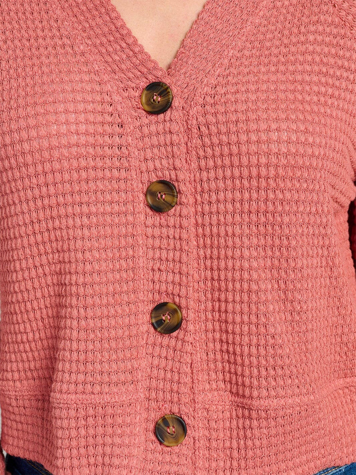 WOMEN'S LONG SLEEVE V-NECK BUTTON CLOSURE KNIT TOP