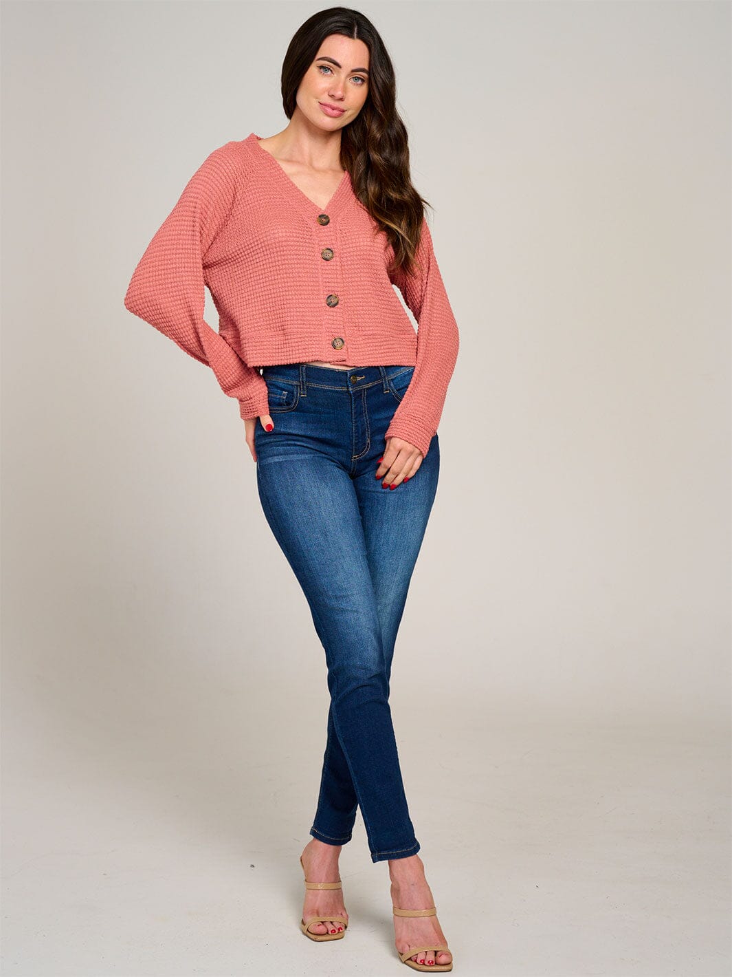 WOMEN'S LONG SLEEVE V-NECK BUTTON CLOSURE KNIT TOP