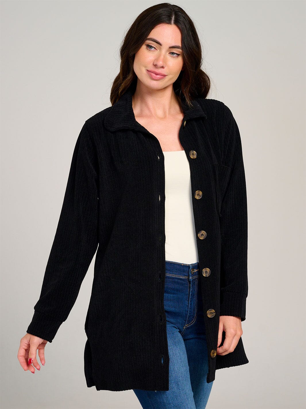 WOMEN'S LONG SLEEVE BUTTON CLOSURE FRONT POCKETS RIBBED SHACKET