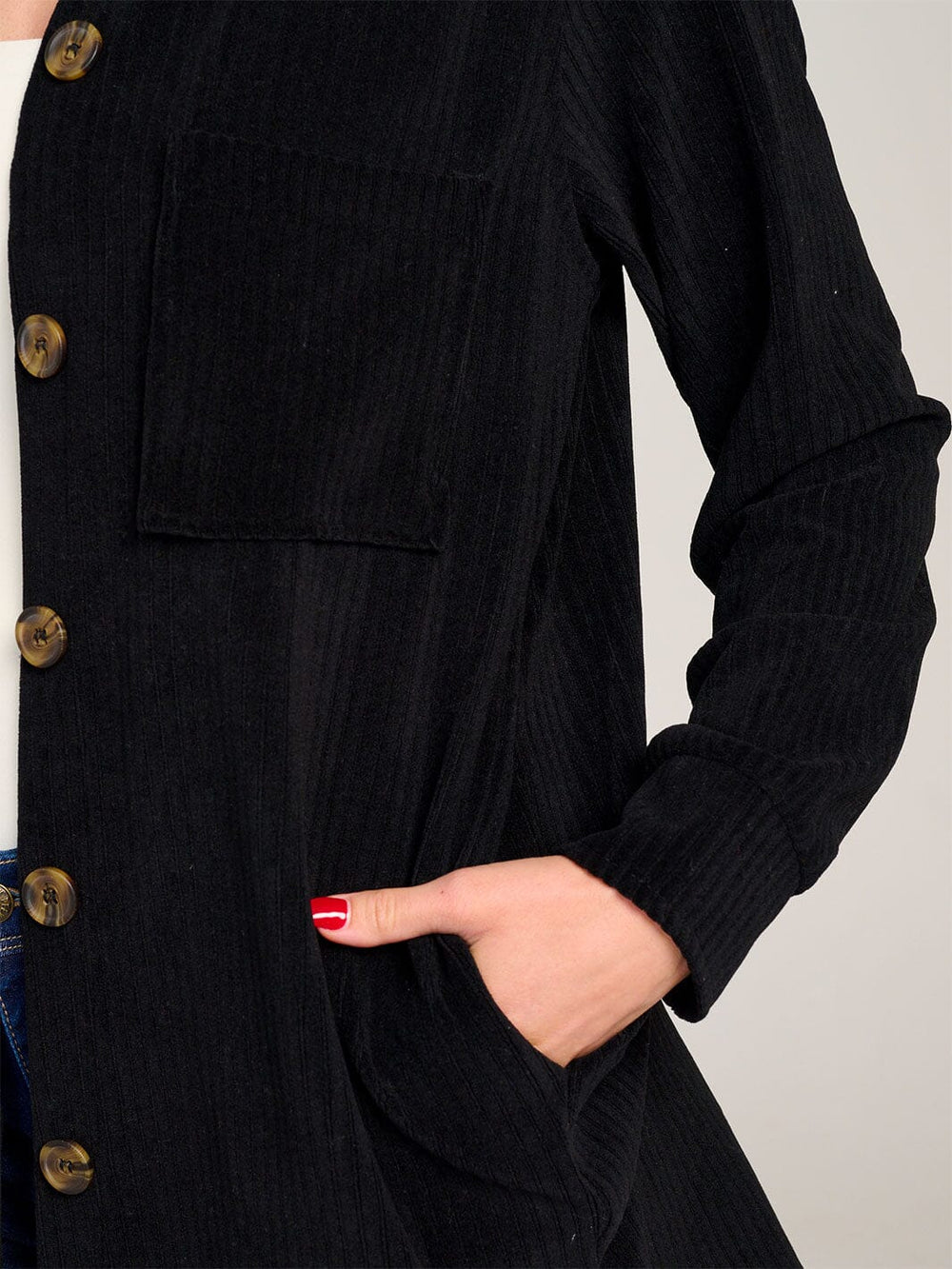 WOMEN'S LONG SLEEVE BUTTON CLOSURE FRONT POCKETS RIBBED SHACKET