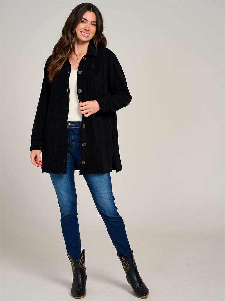 WOMEN'S LONG SLEEVE BUTTON CLOSURE FRONT POCKETS RIBBED SHACKET