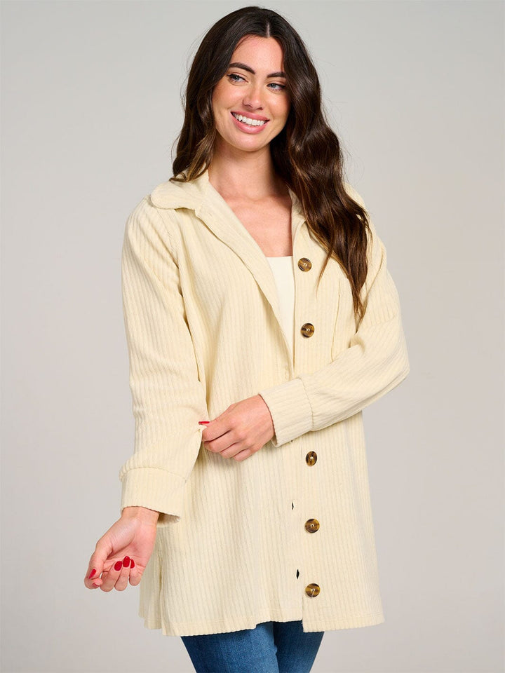 WOMEN'S LONG SLEEVE BUTTON CLOSURE FRONT POCKETS RIBBED SHACKET