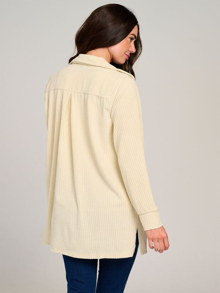 WOMEN'S LONG SLEEVE BUTTON CLOSURE FRONT POCKETS RIBBED SHACKET