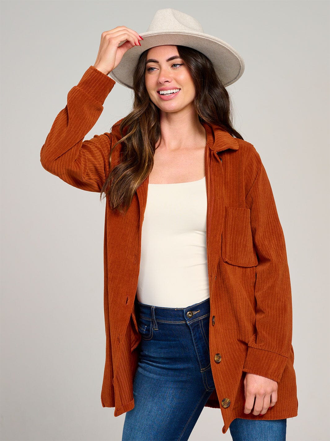 WOMEN'S LONG SLEEVE BUTTON CLOSURE FRONT POCKETS RIBBED SHACKET