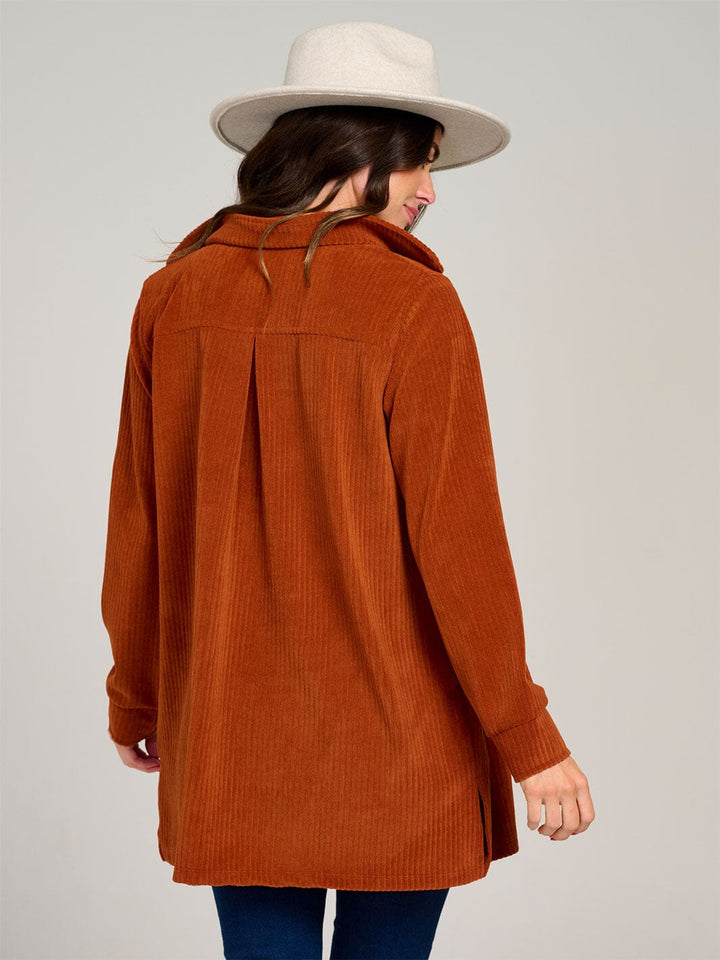 WOMEN'S LONG SLEEVE BUTTON CLOSURE FRONT POCKETS RIBBED SHACKET