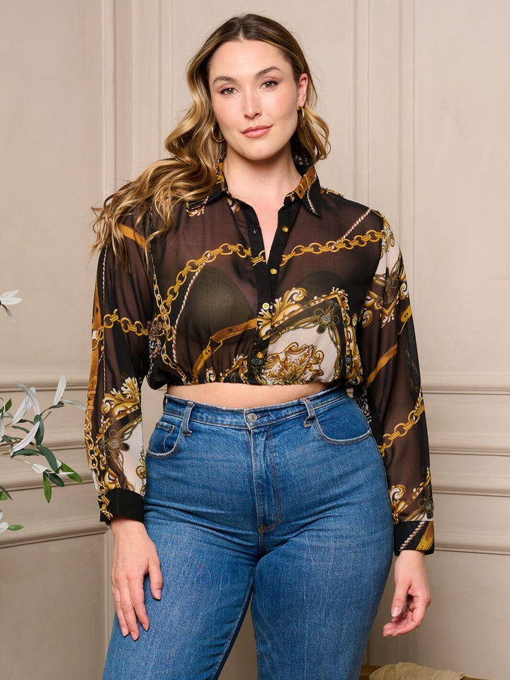 PLUS SIZE LONG SLEEVE BUTTON UP MULTI PRINT CROP TOP